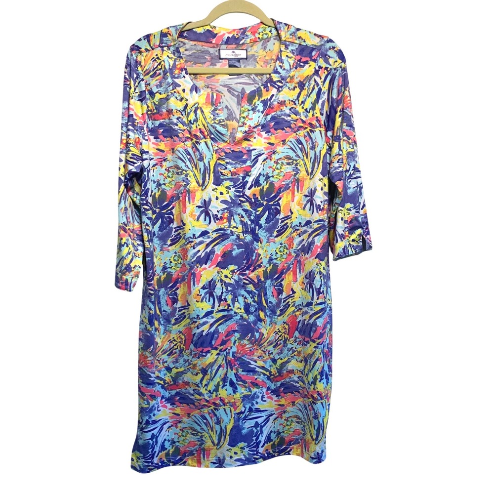 Island Collection Stella Parker Dress Large Abstract Tropical‎ 3/4 Sleeve Multi